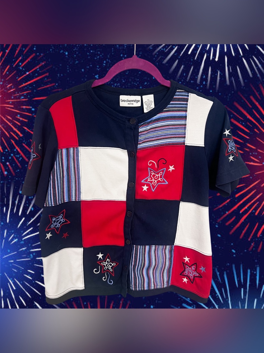 Vintage breckenridge red and blue patchwork squares and stars button up shirt